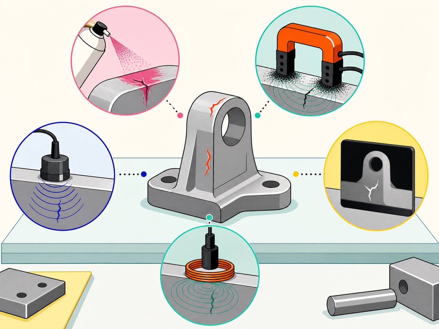 Five nondestructive testing methods shown around an industrial component: liquid penetrant, magnetic particle, ultrasonic, radiographic, and eddy current.
