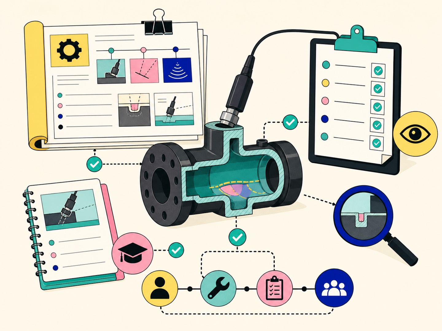 Procedures, records, inspection equipment, and review points connected around an industrial component.